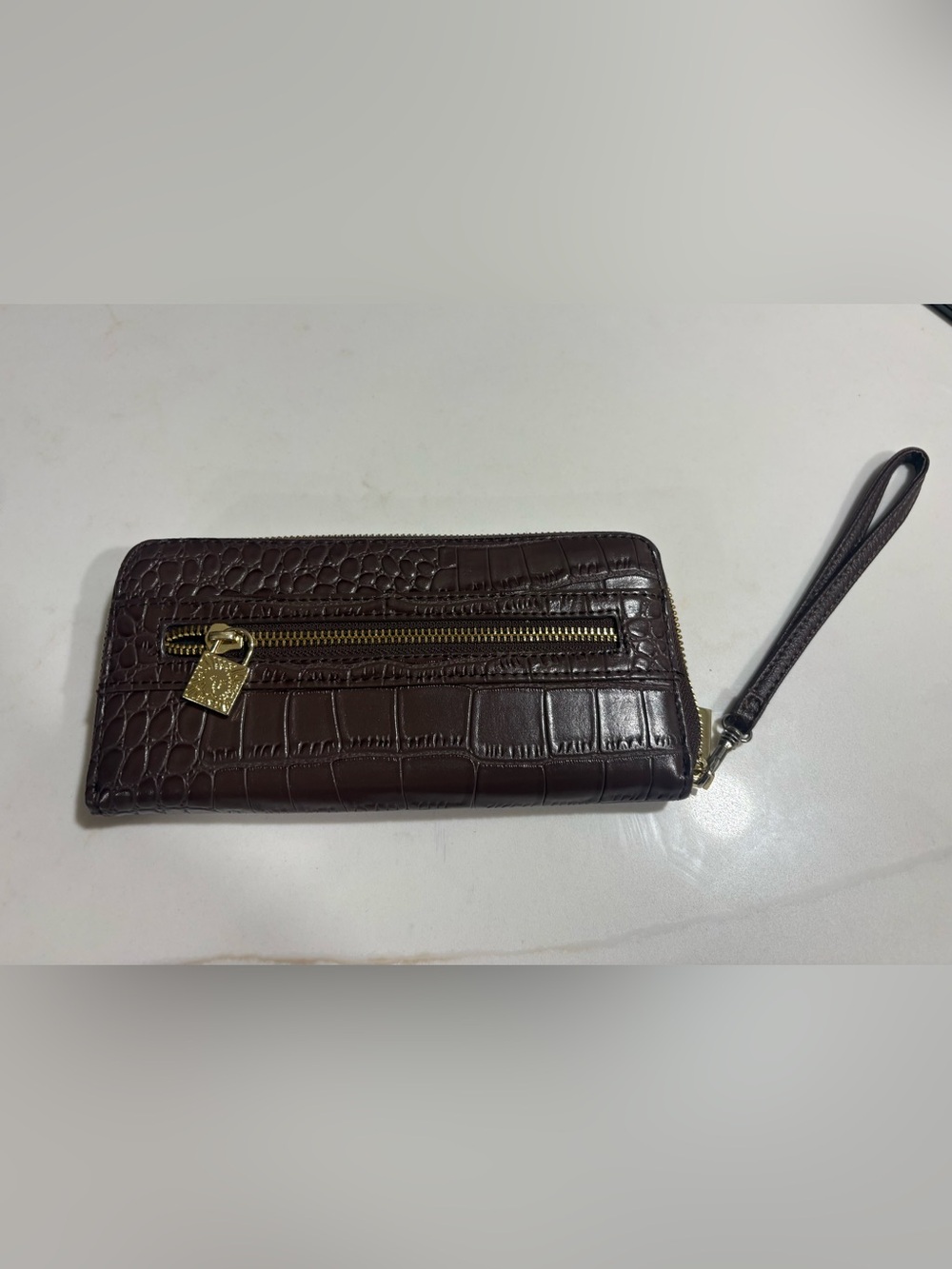 Anne Klein Croc-Embossed Dark Brown Wristlet Wallet with Gold Hardware
